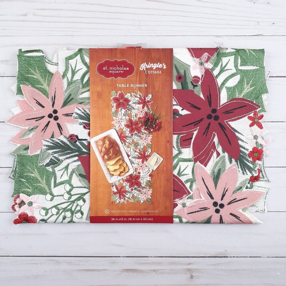 Holiday Cutout Table Runner 13x36 Christmas Poinsettia Flowers Red Pink